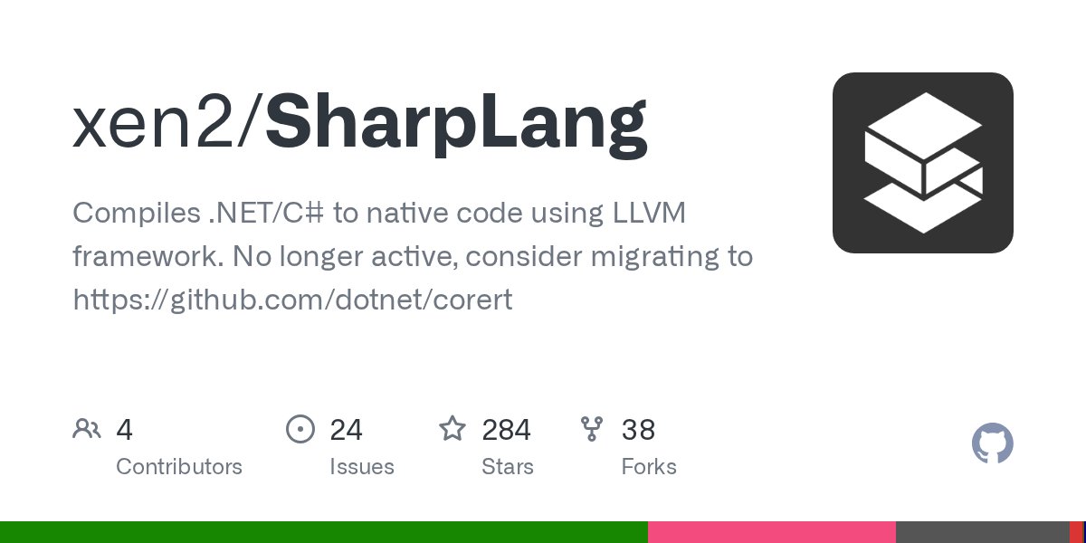 SharpLangDev's tweet card. Compiles .NET/C# to native code using LLVM framework. No longer active, consider migrating to https://github.com/dotnet/corert - xen2/SharpLang