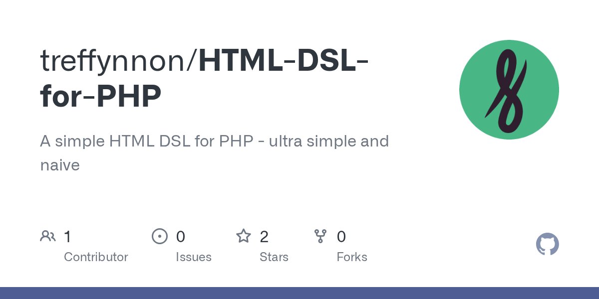 FunctionalPHP's tweet card. A simple HTML DSL for PHP - ultra simple and naive - treffynnon/HTML-DSL-for-PHP