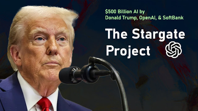 vhowtodo's tweet card. Donald Trump announces the $500 billion investment in The Stargate Project. OpenAI and SoftBank are deploying $100 billion to develop AGI.