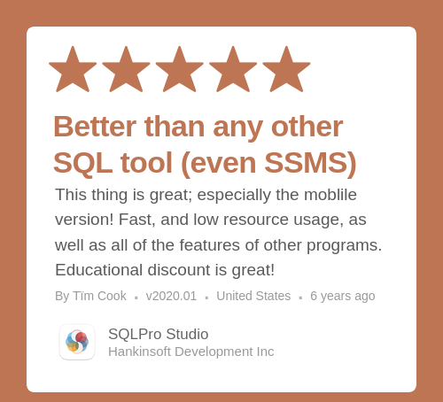 SQLProApp's tweet card. Better than any other SQL tool (even SSMS) · This thing is great; especially the moblile version! Fast, and low resource usage, as well as all of the features of other programs. Educational discount...