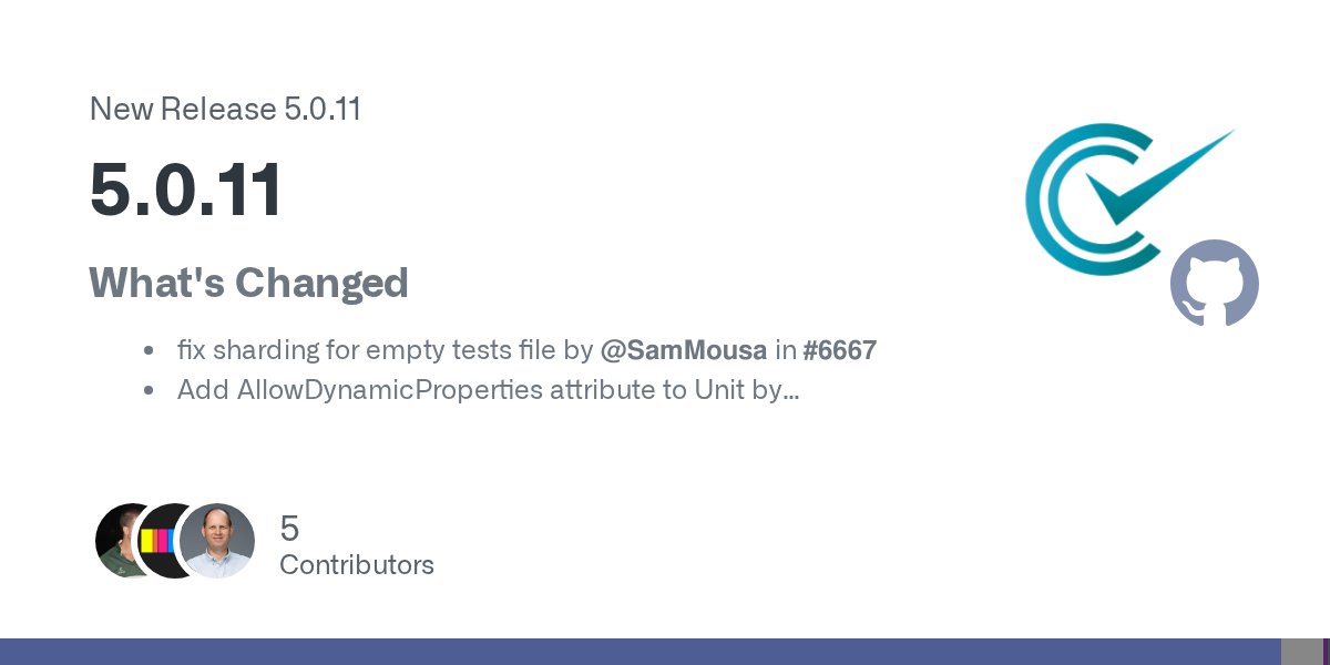 GMiselis's tweet card. What's Changed fix sharding for empty tests file by @SamMousa in #6667 Add AllowDynamicProperties attribute to Unit by @erickskrauch in #6666 Include mock expectations in assertion count by @...