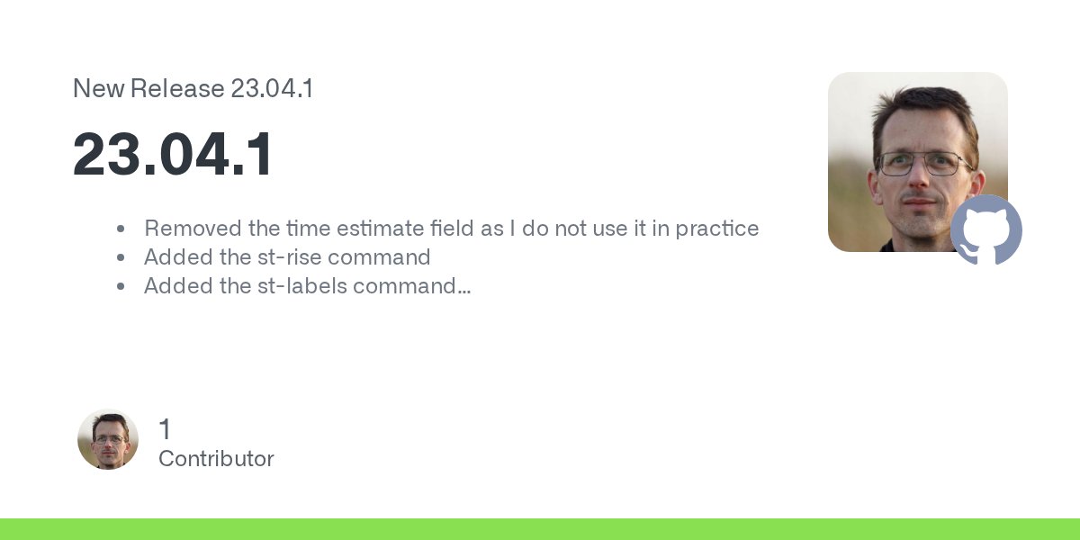 jnieuwen's tweet card. Removed the time estimate field as I do not use it in practice Added the st-rise command Added the st-labels command Added the st-filter command Added the st-count command Added the st-log command ...