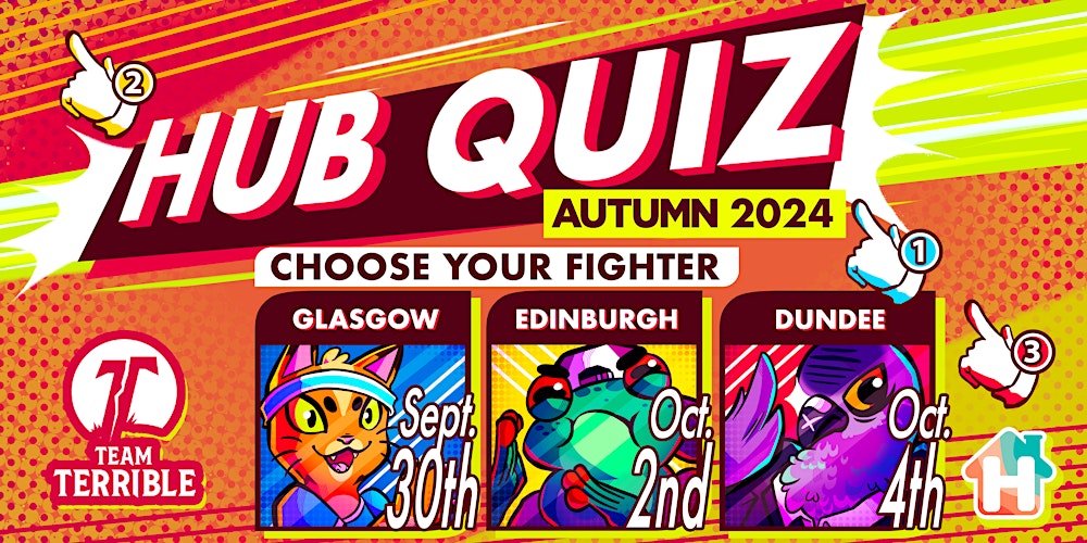 HubworldScot's tweet card. All game industry workers are invited to our challenging cross-country quiz week to battle over prize bundles worth over £400, and a trophy!