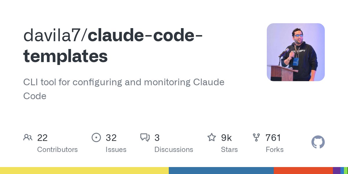 GitHubGPT's tweet card. CLI tool for configuring and monitoring Claude Code - davila7/claude-code-templates