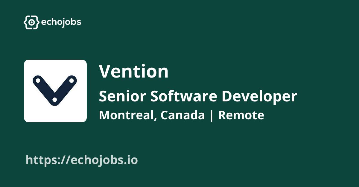 echojobs__io's tweet card. Vention is hiring Senior Software Developer. Skills wanted: Vue.js, TypeScript, GraphQL, Assembly, React, Angular. Work locations: Montreal, Canada, Remote.