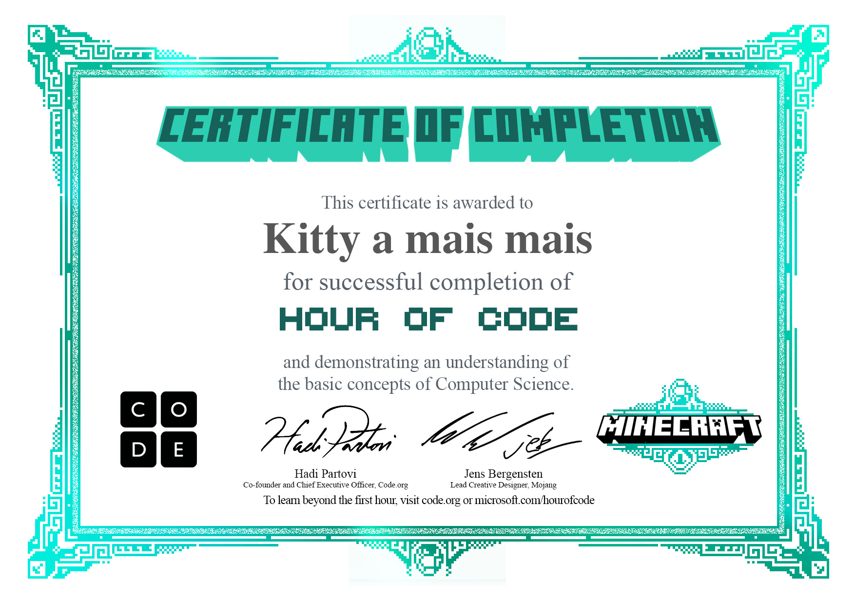 hwngtyty's tweet card. Certificate for completion of Minecraft Adventurer