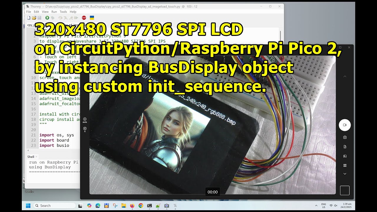 KcCoxxect's tweet card. ST7796 on CircuitPython/Raspberry Pi Pico 2, by instancing BusDisplay...