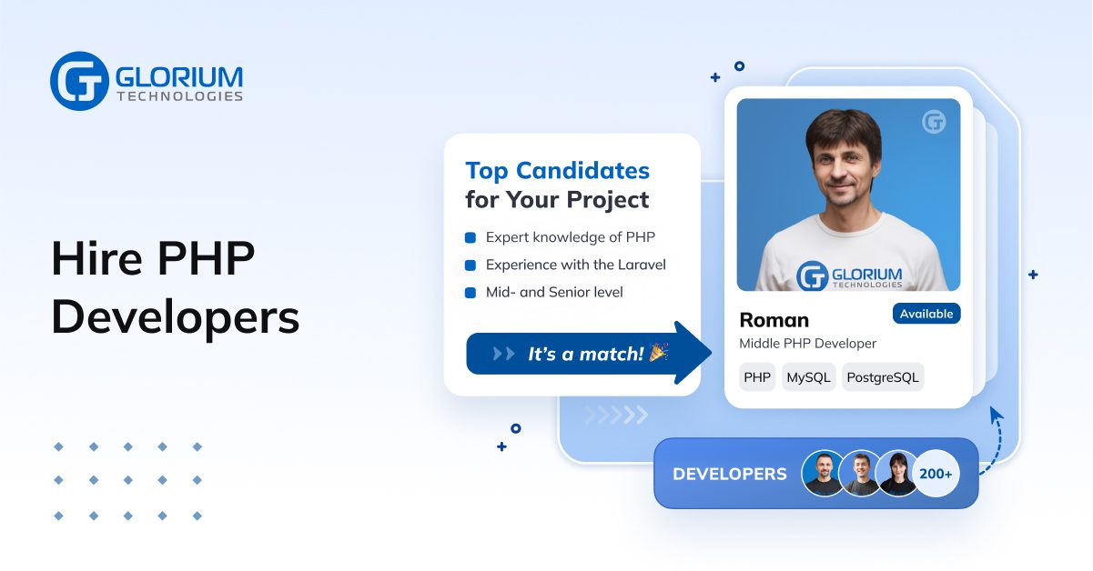 Glorium_Tech's tweet card. Hire top 3% PHP developers with experience in various industries. Team scalability in 1-3 days. 14+ years of successful remote work ✅.