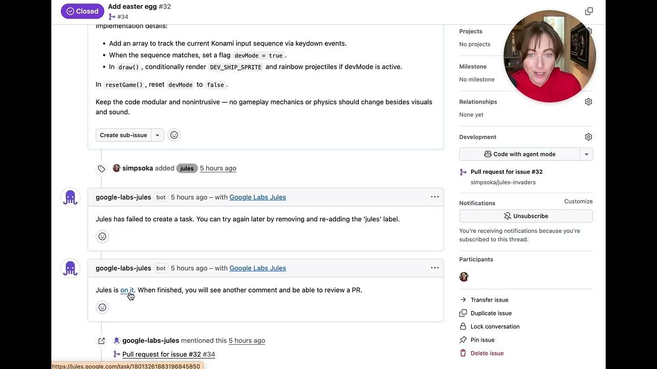 simpsoka's tweet card. Automating Game Dev with Jules and GitHub: The Konami Code Easter Egg