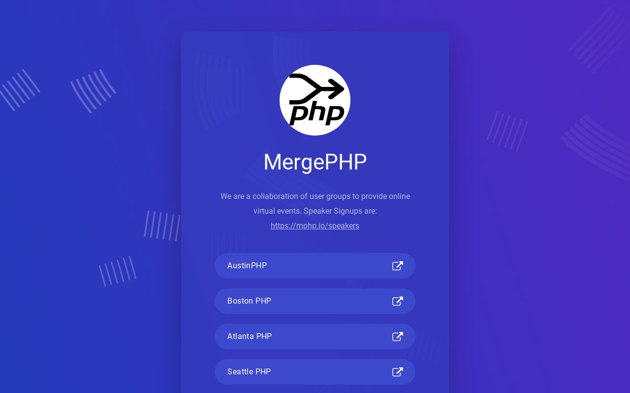 mergephp's tweet card. We are a collaboration of user groups to provide online virtual events.