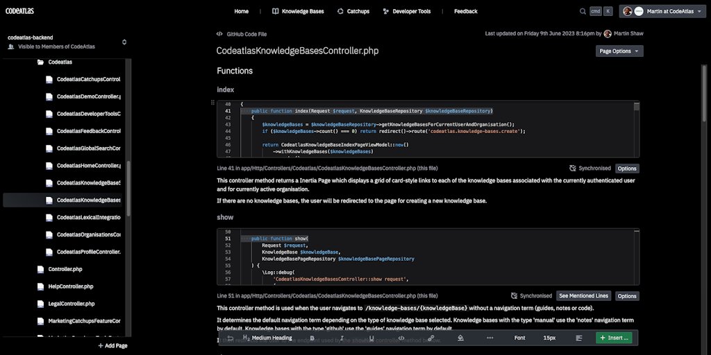 CodeAtlasdotxyz's tweet card. The hyper-intelligent Git-powered knowledge base keeps technical knowledge up-to-date. Catch-ups keep team members in-sync and meeting notes at hand. Powerful and beautiful developer tools which you...