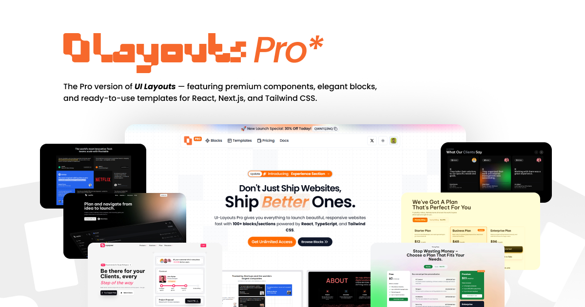 ProgrammerSiam's tweet card. The Pro version of UI Layouts — featuring premium components, elegant blocks, and ready-to-use templates for React, Next.js, and Tailwind CSS.