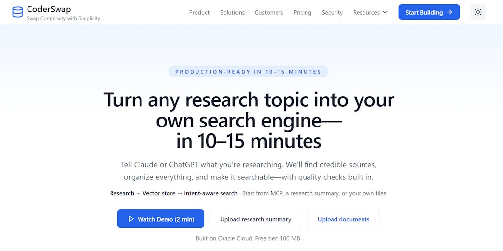 CoderSwapAI's tweet card. Tell Claude or ChatGPT what you're researching. We find sources, build a vector store, and create intent-aware hybrid search—with quality checks built in. Start from MCP, a research summary, or your...