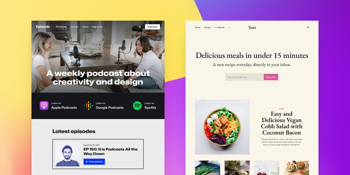 Ghost's tweet card. We just released two brand new official themes. Designed specifically for food writing and podcast creators, the Taste and Episode themes are free and available to install today! Taste Taste is an...