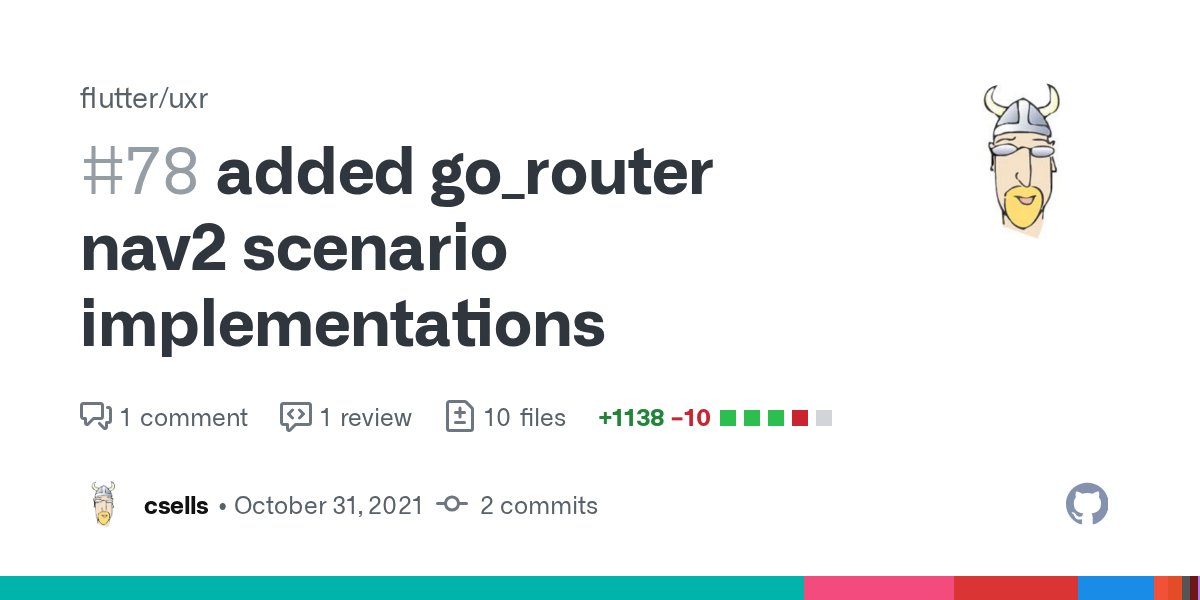 csells's tweet card. added go_router nav2 scenario implementations added vs code settings file to .gitignore Pre-launch Checklist I read the [Contributor Guide] and followed the process outlined there for submitting ...