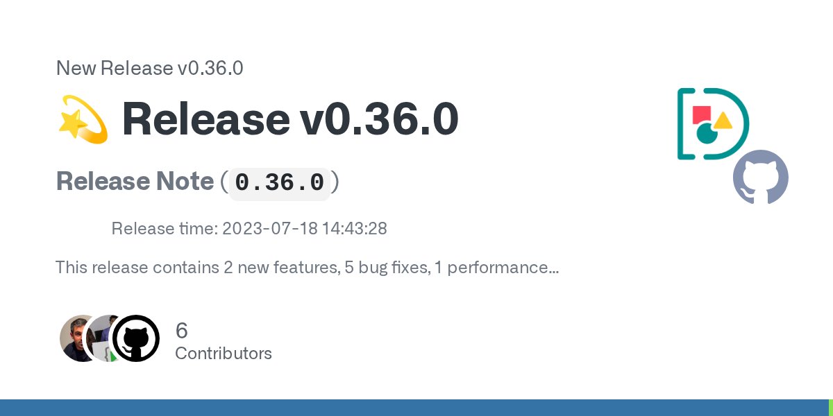 docarray's tweet card. Release Note (0.36.0) Release time: 2023-07-18 14:43:28 This release contains 2 new features, 5 bug fixes, 1 performance improvement and 1 documentation improvement. 🆕 Features JAX Integration (...