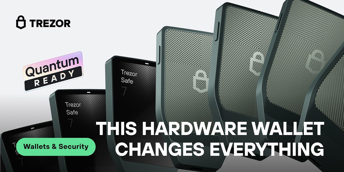 TheQuantumCoin's tweet card. Introducing Trezor Safe 7 — the first hardware wallet with an auditable Secure Element chip and quantum-ready architecture. Built on 10+…