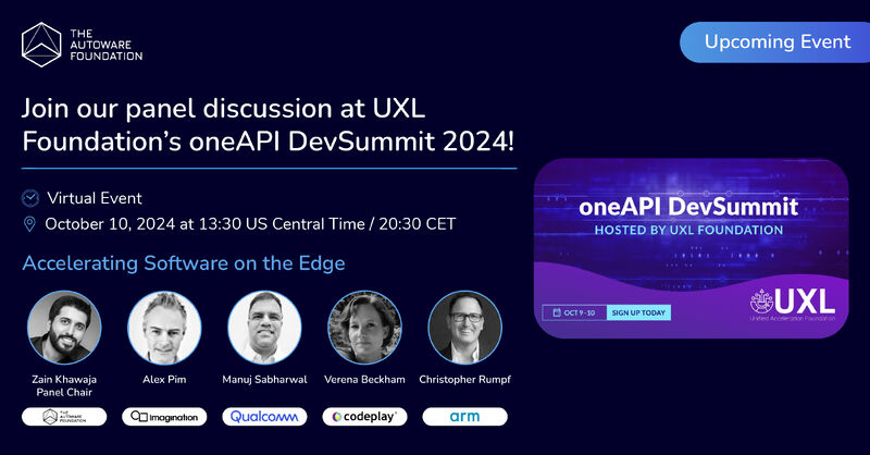 AutowareFdn's tweet card. 🚨 UXL Foundation’s oneAPI DevSummit 2024 is this week! 🚨 The UXL oneAPI DevSummit 2024, with the theme “𝑨𝒄𝒄𝒆𝒍𝒆𝒓𝒂𝒕𝒆 𝒐𝒖𝒓 𝑪𝒐𝒎𝒎𝒖𝒏𝒊𝒕𝒚,” will be a virtual conference held on October...
