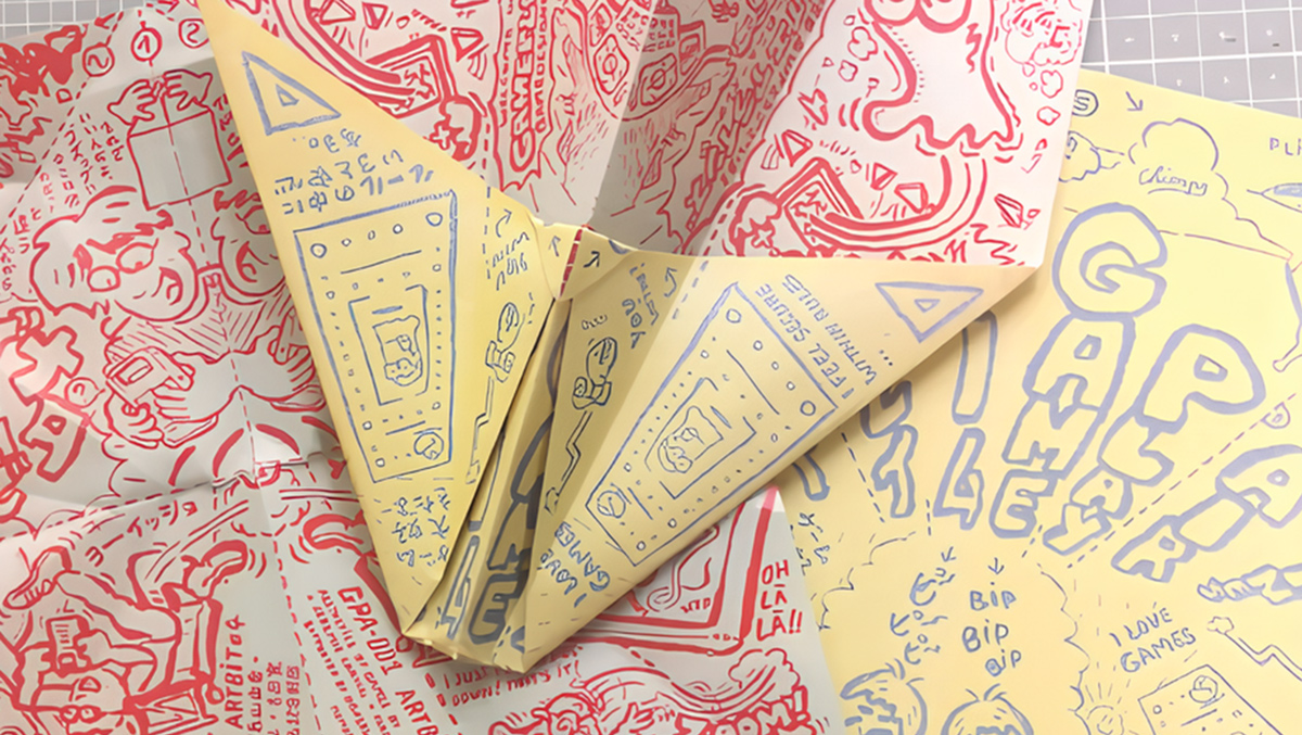 jercortial's tweet card. A newsletter for gamedesigners and artists, in the form of a comic strip foldable in a paperplane by Yuka Tokuyama and Chienpo