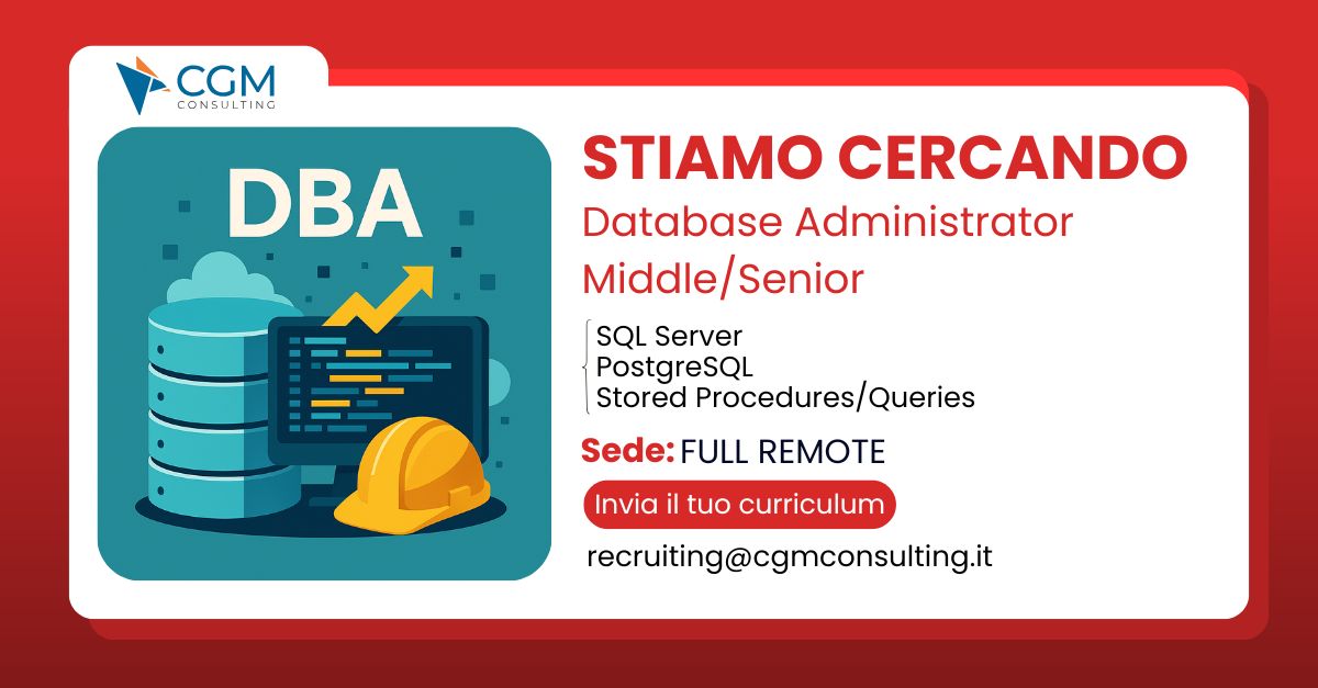 CGMConsulting's tweet card. Cerchiamo DBA (Database Administrator) Middle/Senior con inglese B2+ per la gestione e l’evoluzione di piattaforme dati on-prem e cloud.
