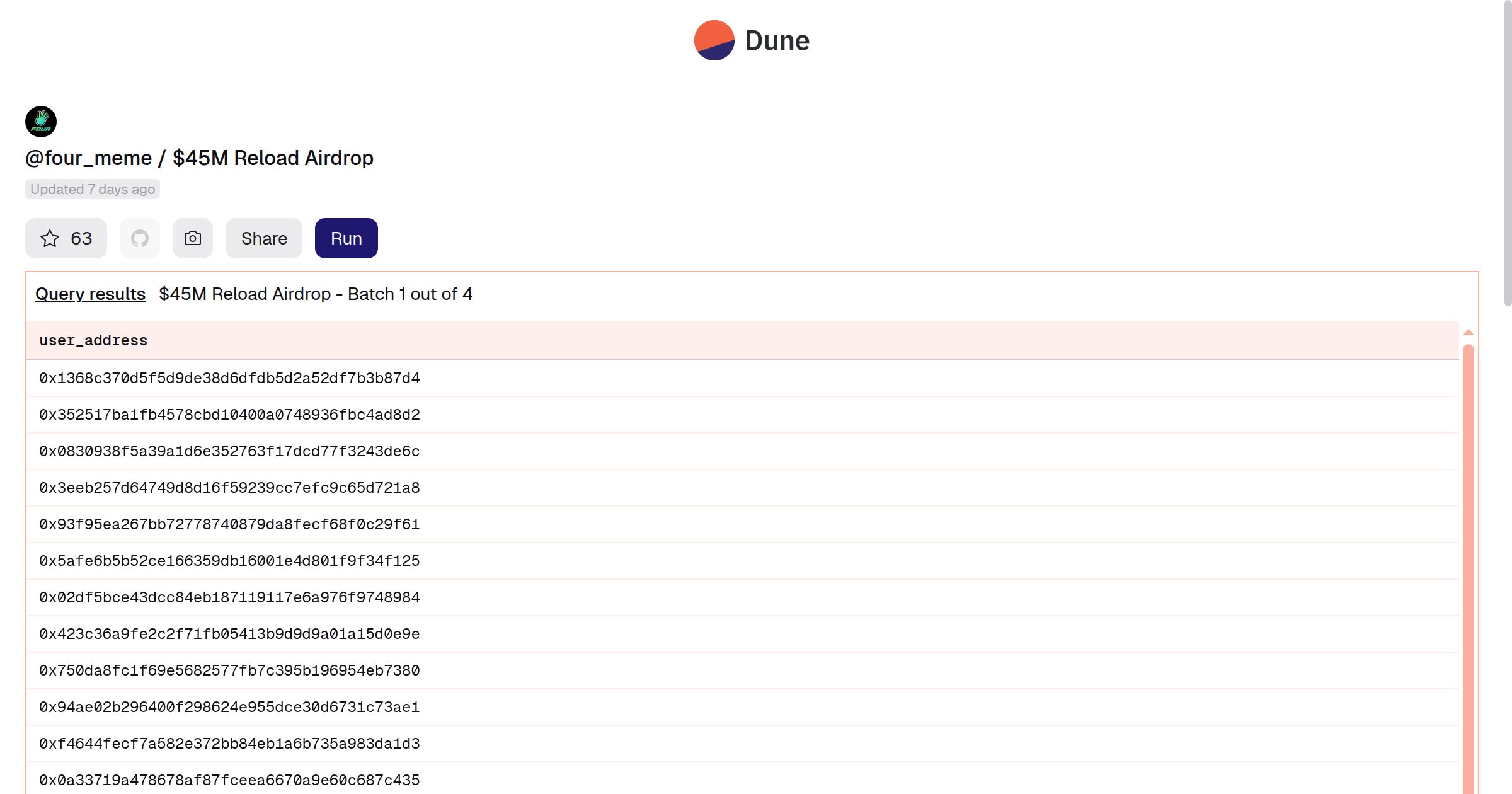 four_meme_'s tweet card. Dune is the all-in-one crypto data platform — query with SQL, stream data via APIs & DataShare, and publish interactive dashboards across 100+ blockchains.