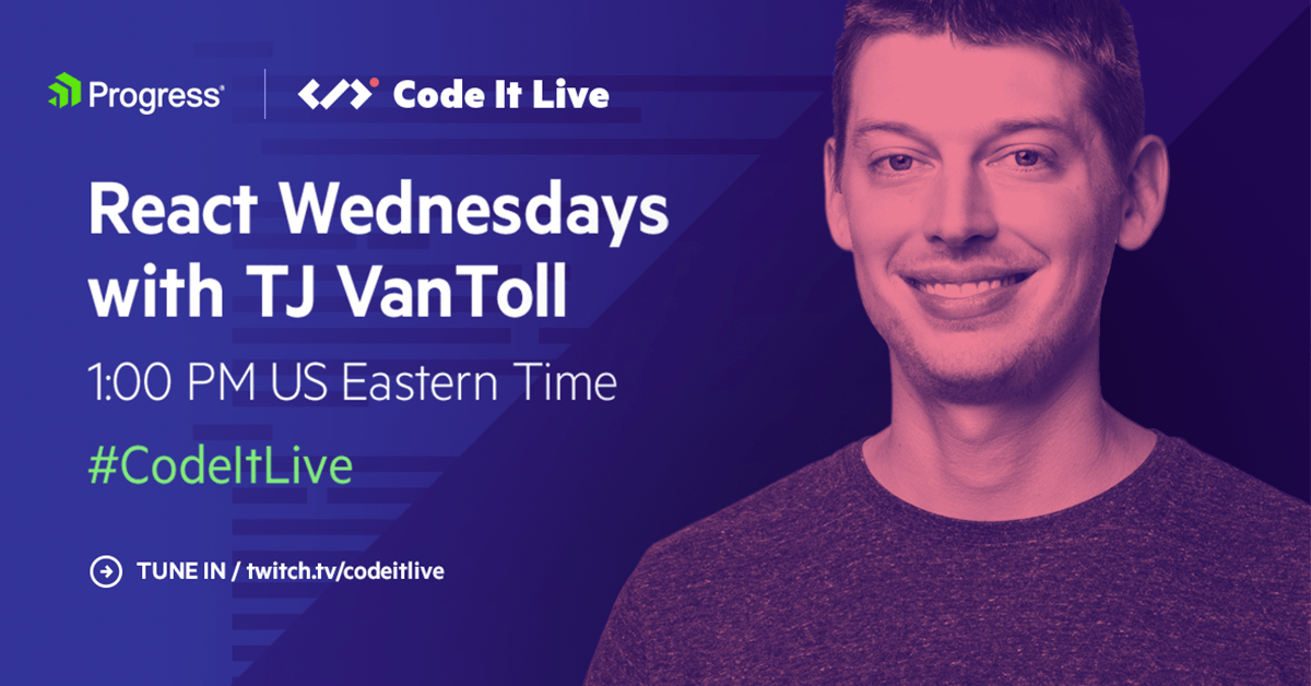 tjvantoll's tweet card. React Wednesdays with TJ VanToll features a whole lot of React and a whole lot of live coding, pair coding, learning, fun and more!