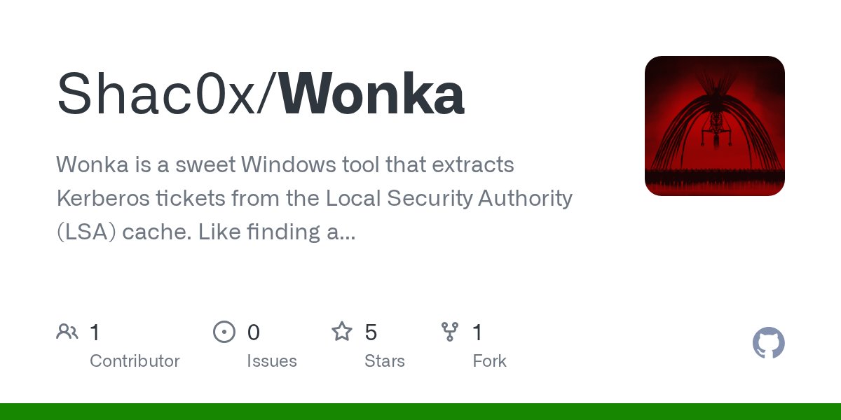 netbiosX's tweet card. Wonka is a sweet Windows tool that extracts Kerberos tickets from the Local Security Authority (LSA) cache. Like finding a ticket, but for security research and penetration testing! 🎫 - Shac0x/Wonka