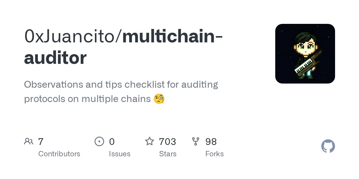 pashovkrum's tweet card. Observations and tips checklist for auditing protocols on multiple chains 🧐 - 0xJuancito/multichain-auditor