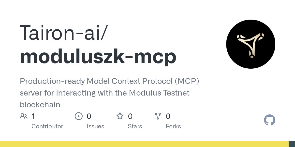 ModulusZK's tweet card. Production-ready Model Context Protocol (MCP) server for interacting with the Modulus Testnet blockchain - Tairon-ai/moduluszk-mcp