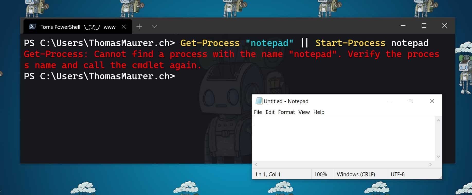 ThomasMaurer's tweet card. PowerShell one-liners sometimes are an easy way to achieve something quickly. There are cases where you might want to run multiple separated PowerShell commands on one line. This can be handy if you...