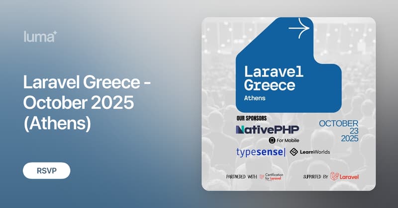 harrisrafto's tweet card. Laravel Greece - October 2025 (Athens) Don't forget to subscribe to our newsletter (https://laravel.gr/s/subscribe) to receive updates about news, meetups, and…
