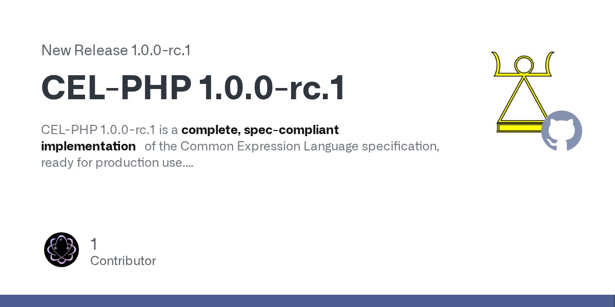 azjezz's tweet card. CEL-PHP 1.0.0-rc.1 is a complete, spec-compliant implementation of the Common Expression Language specification, ready for production use. ✨ Complete Language Implementation Core Language Features ...