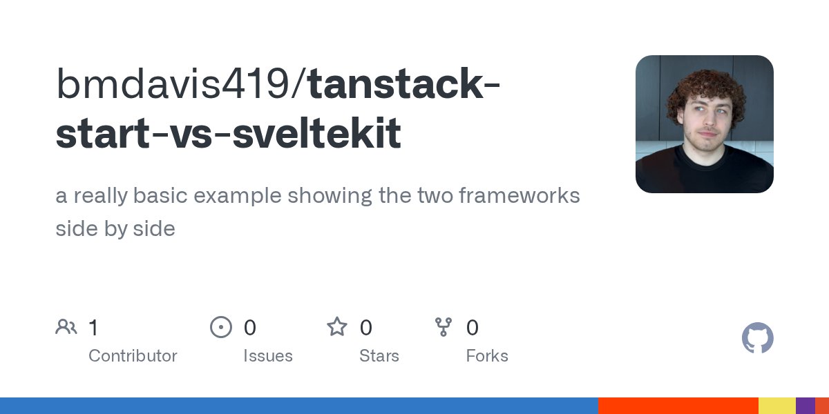 bmdavis419's tweet card. a really basic example showing the two frameworks side by side - bmdavis419/tanstack-start-vs-sveltekit