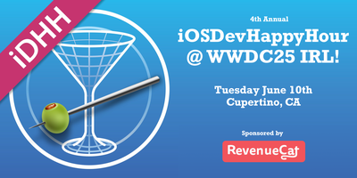 iosdevhappyhour's tweet card. Join us at our fourth annual in-person happy hour at WWDC25!
