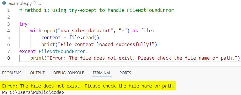 pythonguides's tweet card. Learn five simple methods to handle the "File Does Not Exist" exception in Python. Includes full code examples with try-except, pathlib, and os modules.