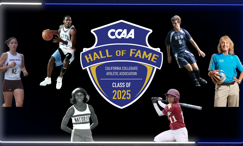 CSUSBMBB's tweet card. The California Collegiate Athletic Association (CCAA) proudly presents its 2025 Hall of Fame Class.
