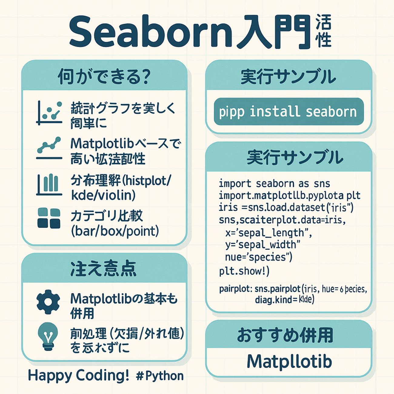 X_okpy's tweet card. 📊 Python Seaborn：まだ複雑なデータ可視化に悩んでいますか？ 🚀 こんにちは、皆さん！Pythonの魅力的な世界へようこそ！あなたのデータ、ただの数字の羅列で終わらせていませんか？「もっと直感的で、美しく、そして一目でわかるように表現したい！」そう思っているなら、今日の主役、Seabornライブラリに注目…