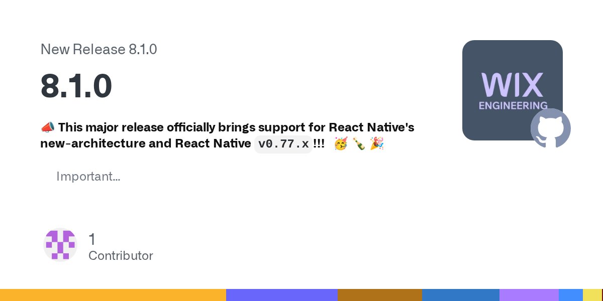 ReactNativeNav's tweet card. 📣 This major release officially brings support for React Native's new-architecture and React Native v0.77.x!!! 🥳 🍾 🎉 ImportantThis release also introduces breaking changes - please read below ⬇...