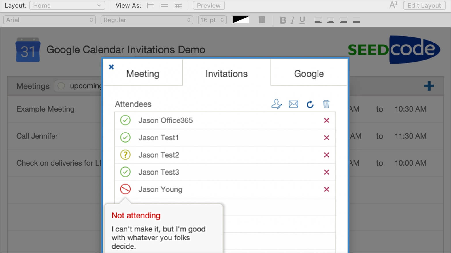 seedcode's tweet card. Add events to Google or MS365 calendars by sending calendar invitations from FileMaker. Example file included, no plugins required.