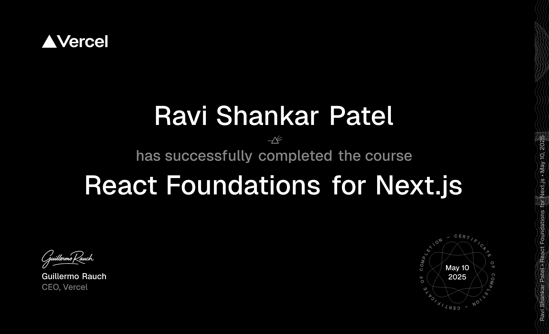 ravipatelctf's tweet card. Your certificate for completing the React Foundations for Next.js course.