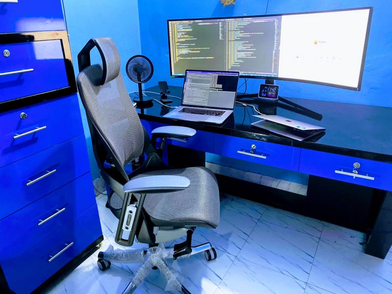 sajibcse68's tweet card. My workstation v3! 🚀 To setup a home office is never easy. Need a dedicated space, a proper table, an ergonomic chair, multiple screens & much more! . #merryfair_wau_XL_chair #homeoffice