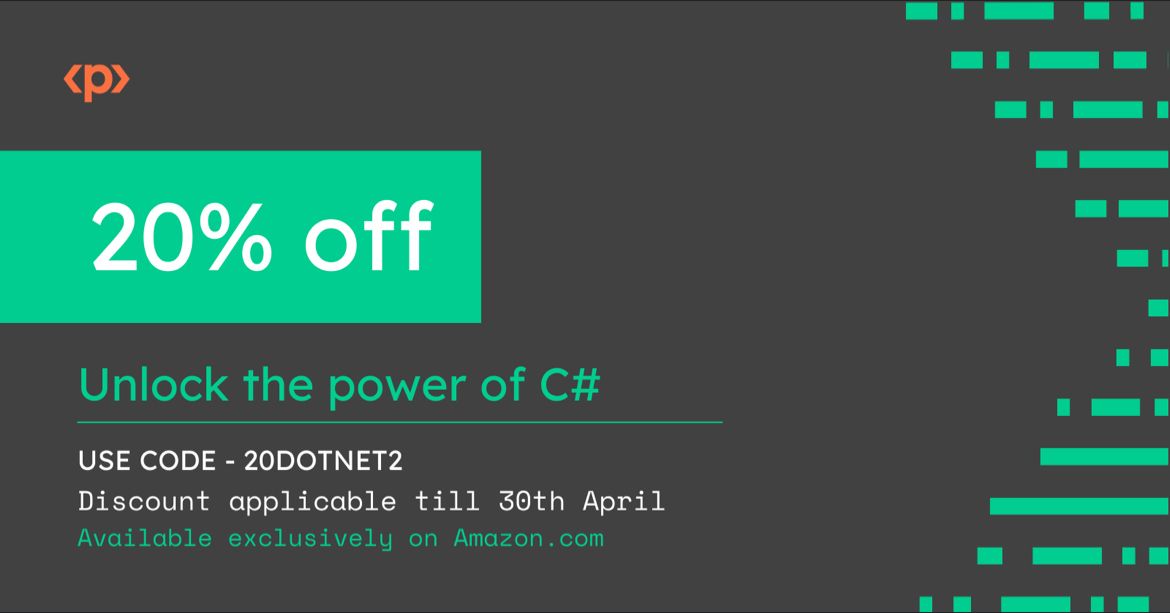 RJPeres75's tweet card. Packt is having a campaign for .NET books! Use discount code 20DOTNET2 for up to 20% off on Amazon US until April 30th. More info here: https://lnkd.in/dj-B5BX6 #amazon #packtpub #dotnet #csharp