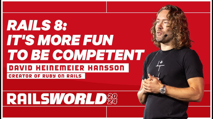 RubyOnRailsBa's tweet card. During DHH's Opening Keynote of Rails World 2024 in Toronto, Rails 8 beta was shipped with Authentication, Propshaft, Solid Cache, Solid Queue, ...