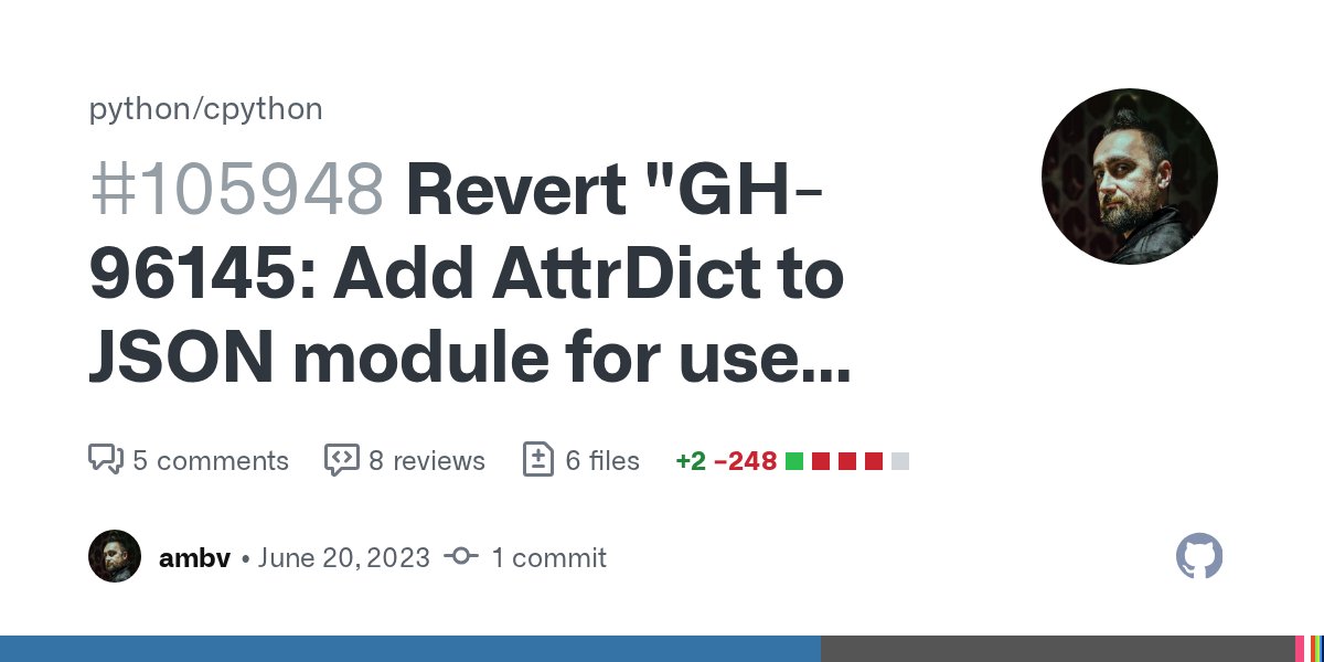codewithanthony's tweet card. This reverts commit 1f0eafa. More discussion on the issue. Issue: Add AttrDict to JSON module for use with object_hook #96145 📚 Documentation preview 📚: https://cpython-previews--105948.org.r...