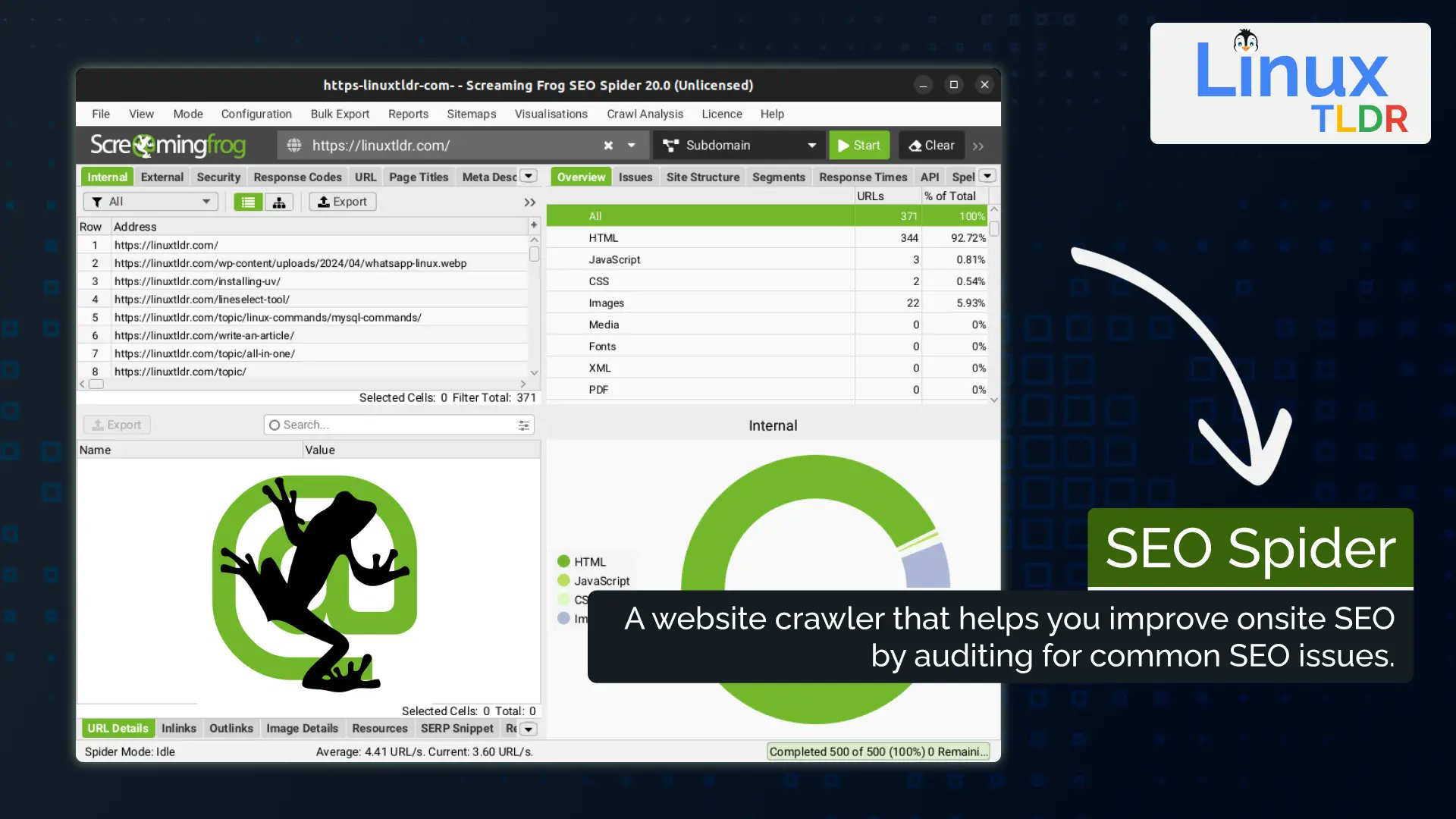 linux_tldr's tweet card. Learn how to install and use Screaming Frog SEO Spider to inspect websites on Ubuntu and other Linux distros with practical examples.