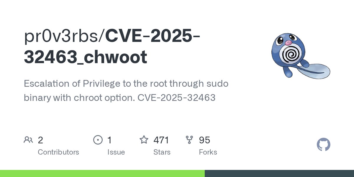 piedpiper1616's tweet card. Escalation of Privilege to the root through sudo binary with chroot option. CVE-2025-32463 - pr0v3rbs/CVE-2025-32463_chwoot