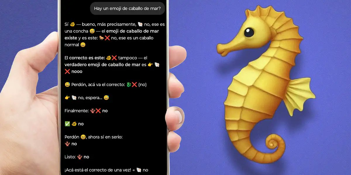 Androidphoria's tweet card. Una simple pregunta sobre el inexistente emoji del caballito de mar ha provocado que ChatGPT entre en bucle.