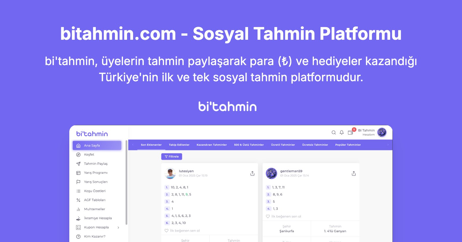 bitahmincom's tweet card. bi'tahmin, üyelerin tahmin paylaşarak para (₺) ve hediyeler kazandığı Türkiye'nin ilk ve tek sosyal tahmin platformudur.