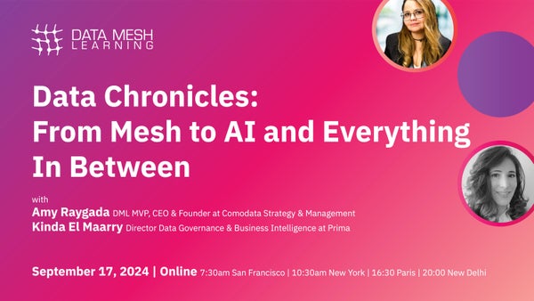 data_mesh_learn's tweet card. **Title:** **Data Chronicles - From Mesh to AI and Everything In Between (Episode 3)** Join us for the third episode of Data Chronicles as we dive into the evolving world