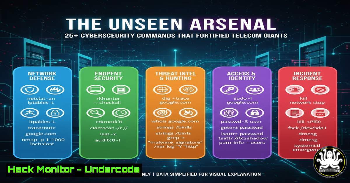UndercodeUpdate's tweet card. The Unseen Arsenal: 25+ Cybersecurity Commands That Fortified Telecom Giants - "Undercode Testing": Monitor hackers like a pro. Get real-time updates,